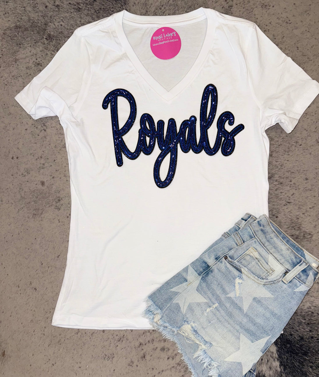 Royals Script V-Neck Tee w/Sequin Patch
