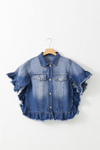 Load image into Gallery viewer, Blue Raw Edge Ruffled Mid Sleeve Denim Jacket
