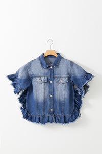 Blue Raw Edge Ruffled Mid Sleeve Denim Jacket