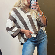 Red Stripe Colorblock V Neck Bracelet Sleeve Sweater