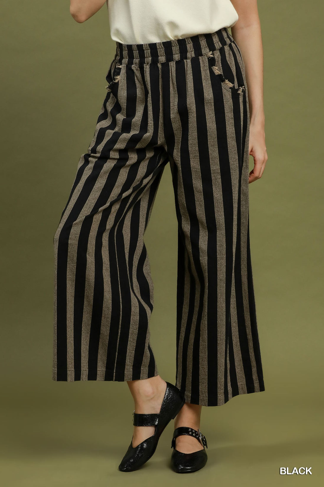 Linen Striped Wide Leg Pull-On Pants