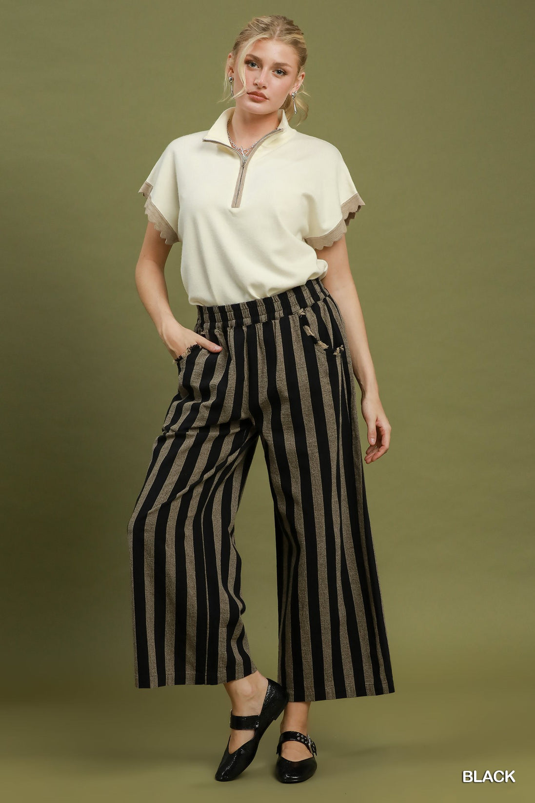 Linen Striped Wide Leg Pull-On Pants