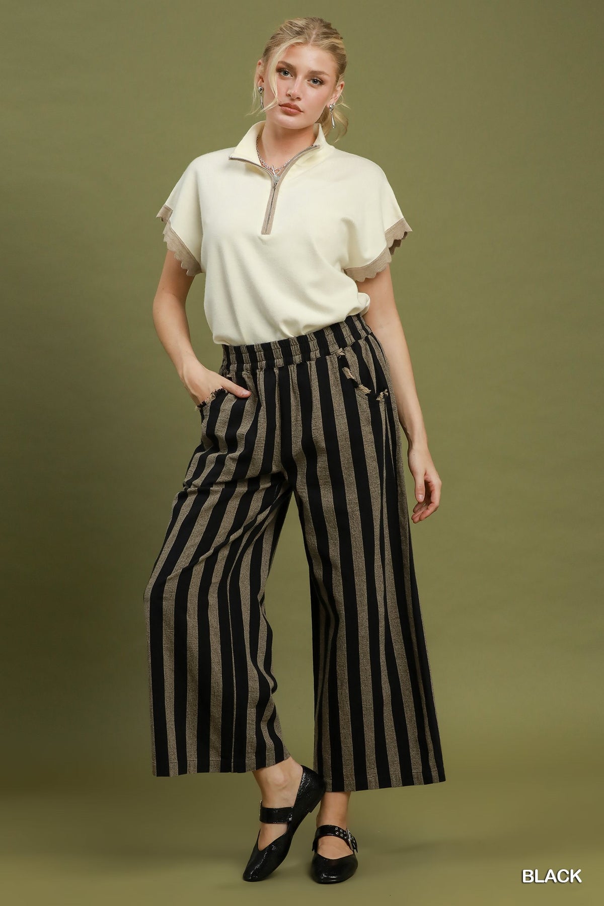 Linen Striped Wide Leg Pull-On Pants