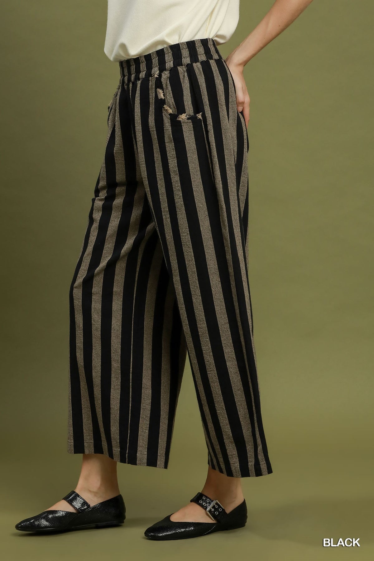 Linen Striped Wide Leg Pull-On Pants