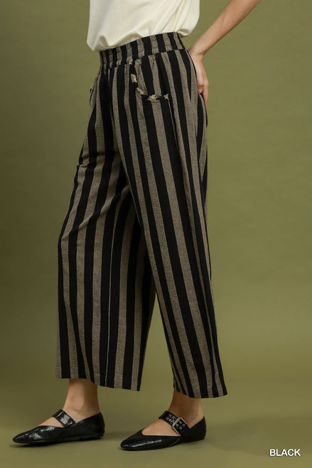 Linen Striped Wide Leg Pull-On Pants