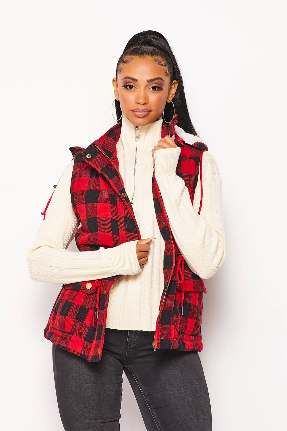 Faux Fur Lined Plaid Vest.