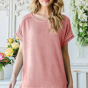 Ribbed Drop Shoulder with Side Slit Top