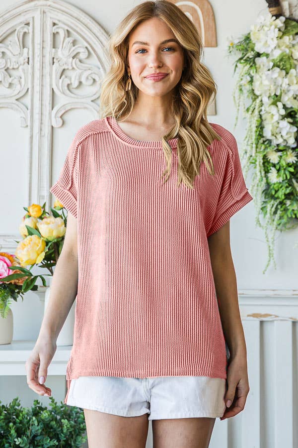 Ribbed Drop Shoulder with Side Slit Top