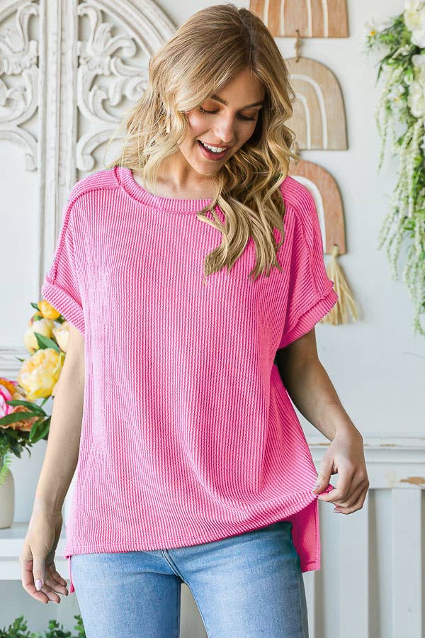 Ribbed Drop Shoulder with Side Slit Top