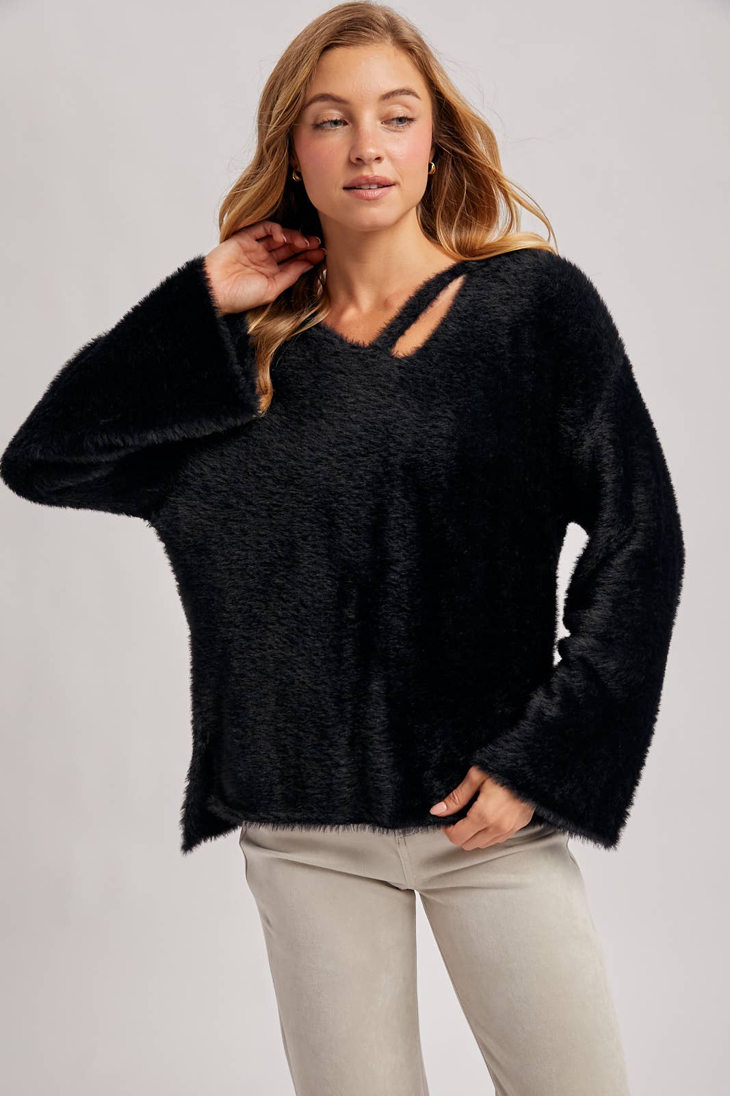 STRAPPY FRONT FUZZY PULLOVER