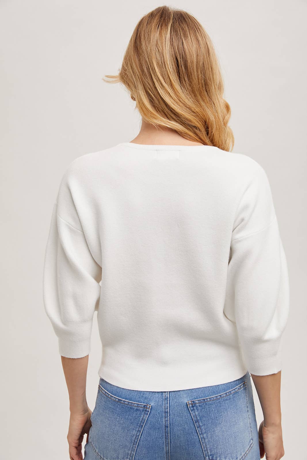 PUFFED 3/4 SLEEVED KNIT SWEATER TOP