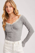 Load image into Gallery viewer, LACE TRIM BUTTON DOWN HENLEY KNIT TOP
