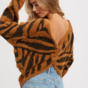 Twist Back Fuzzy Zebra Sweater