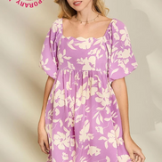 Floral Print Dress with Scalloped Edges (Purple)