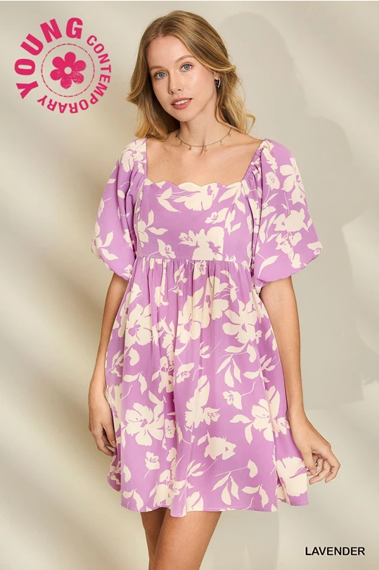 Floral Print Dress with Scalloped Edges (Purple)