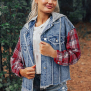Hooded Plaid and  Denim Jacket