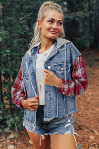 Hooded Plaid and  Denim Jacket