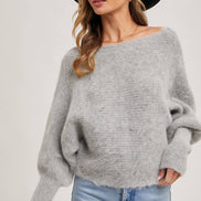 BOAT NECK DOLMAN SLEEVE RIBBED FUZZY KNIT SWEATER