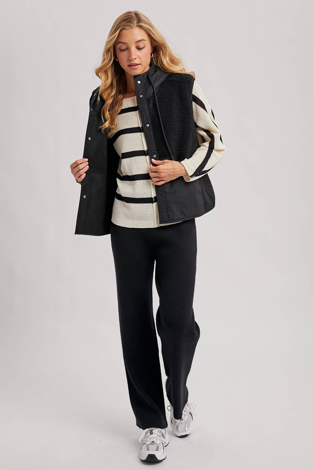 SHERPA FLEECE HOODED VEST WITH FAUX SUEDE INNER