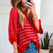 Red Stripe 3/4 Draped Sleeve Slouchy Sweater