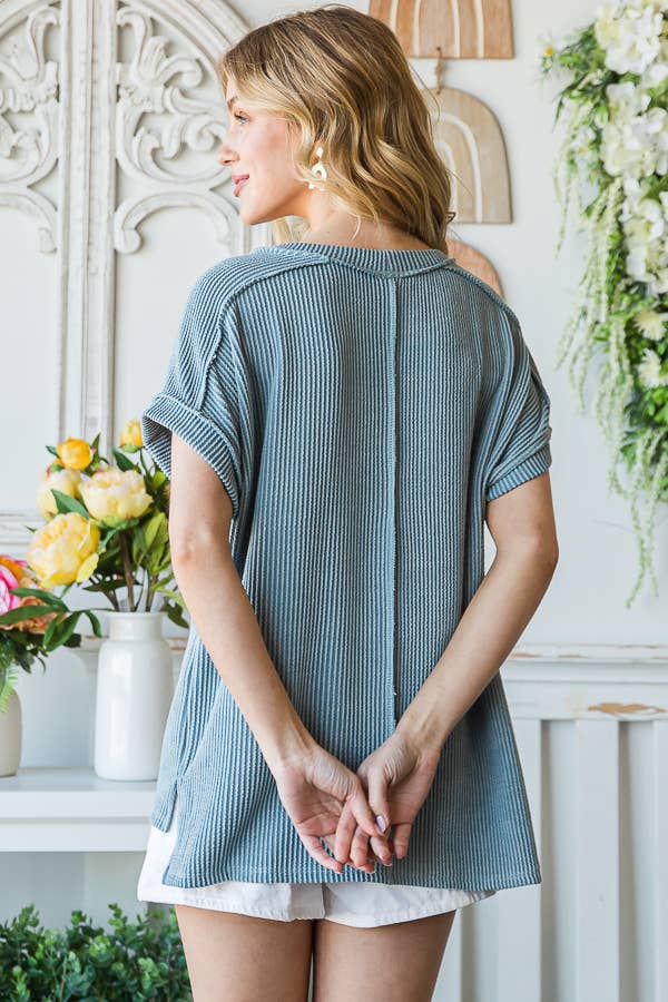 Ribbed Drop Shoulder with Side Slit Top