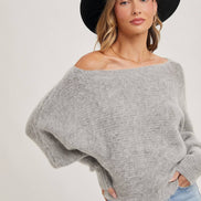 BOAT NECK DOLMAN SLEEVE RIBBED FUZZY KNIT SWEATER