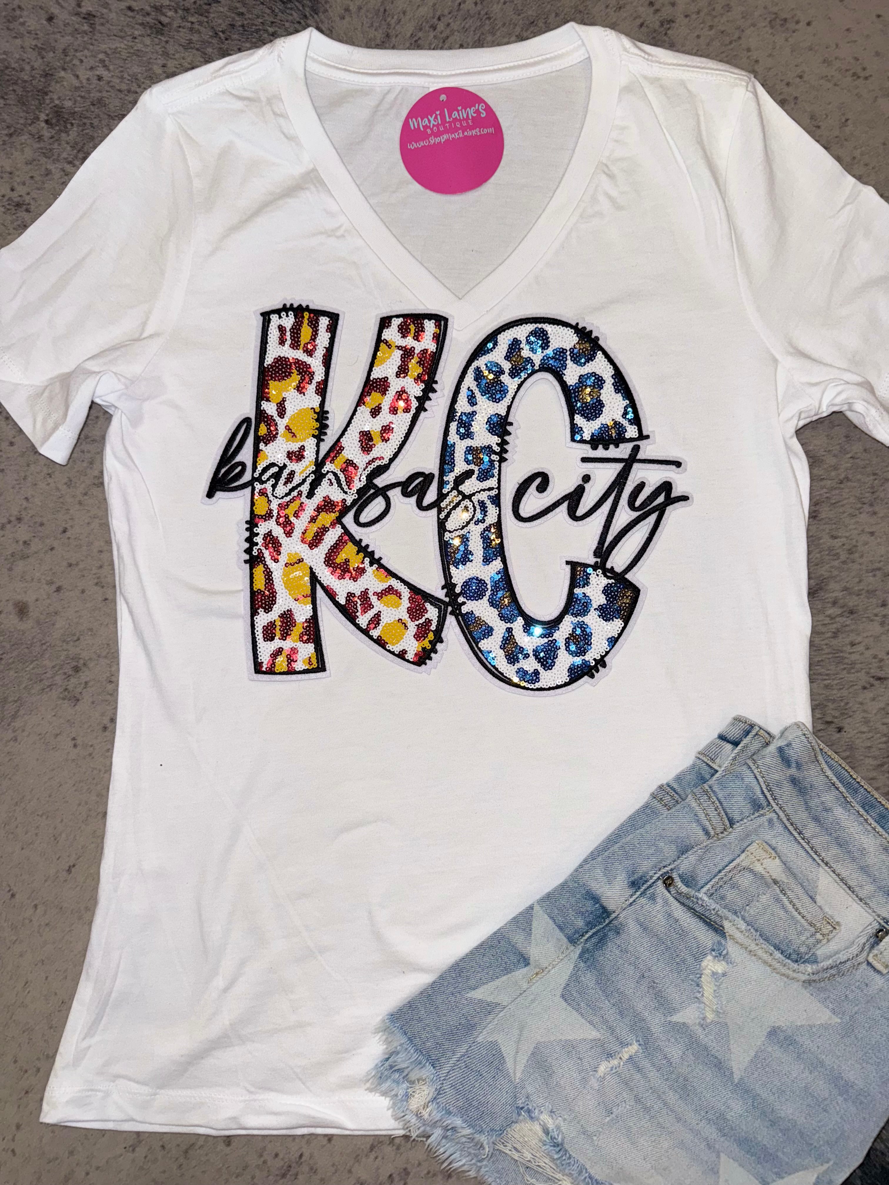 KC Leopard Combo Chiefs Royals V-Neck Tee w/Sequin Patch