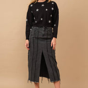 Distressed Seam Slit at Front Maxi Denim Skirt