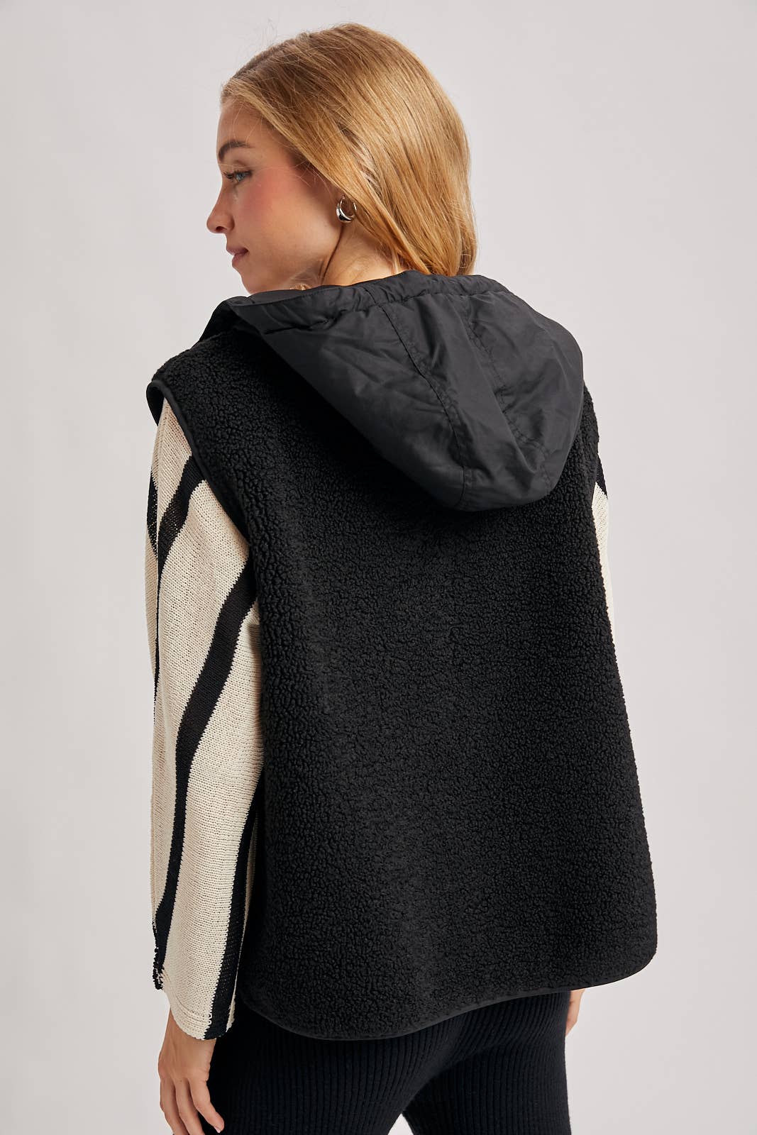 SHERPA FLEECE HOODED VEST WITH FAUX SUEDE INNER