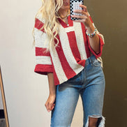 Red Stripe Colorblock V Neck Bracelet Sleeve Sweater