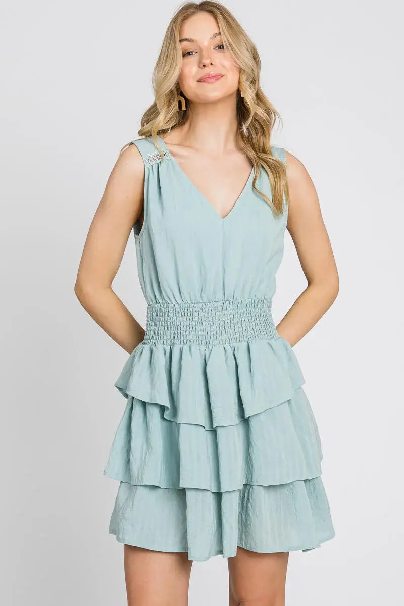Smocked Waist Ruffle Tiered Mini Dress - FD1092 Lt Teal / L Smocked Waist Ruffle Tiered Mini Dress - FD1092 Lt Teal / L
