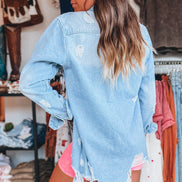 Distressed Mineral Washed Long Denim Jacket