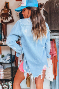 Distressed Mineral Washed Long Denim Jacket