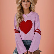 Valentine Heart Knit Sweater Womens Crew Neck Pullover