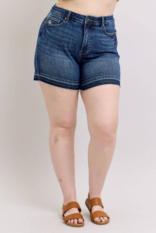 JUDY BLUE High Waisted Tummy Control Destroy Release Hem Shorts - PLUS