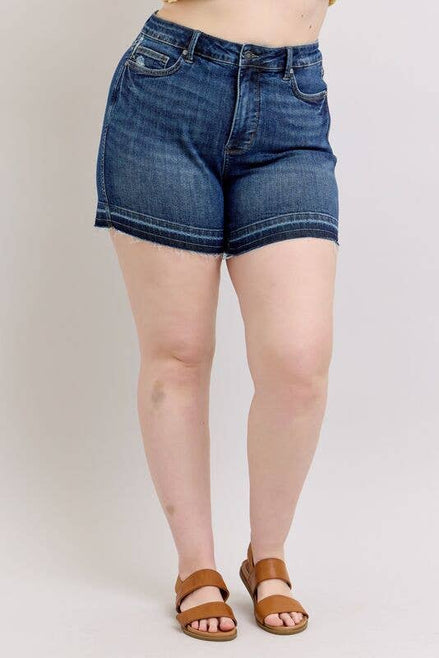 JUDY BLUE High Waisted Tummy Control Destroy Release Hem Shorts - PLUS