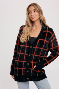 GRID PATTERN FUZZY CARDIGAN