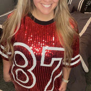 Red Sequin ‘87’ Jersey Dress