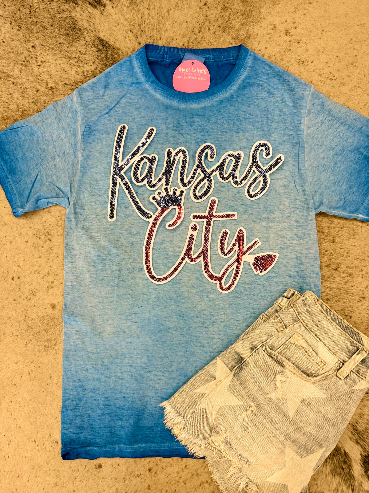 Kansas City Script Combo Chiefs and Royals Tee w/Sequin Patch
