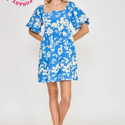Floral Print Dress with Scalloped Edges (Blue)