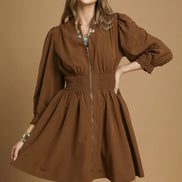 Brown Zip-Front Smocked Waist Mini Dress