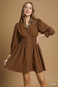 Brown Zip-Front Smocked Waist Mini Dress
