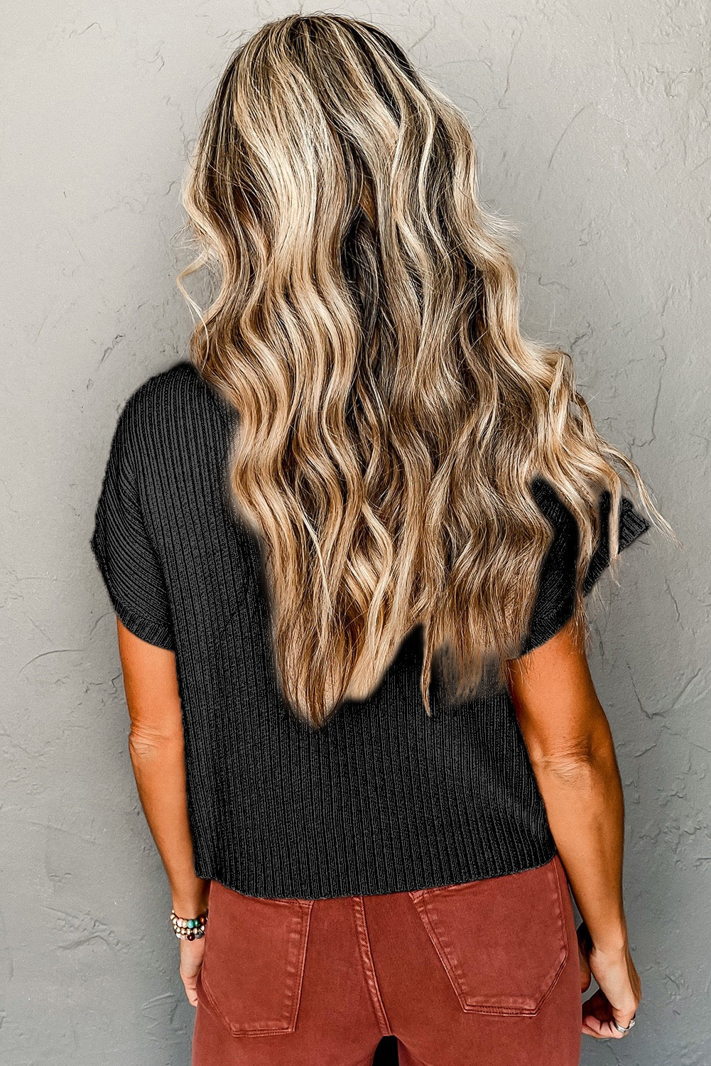 Ribbed Short Sleeve Knit Sweater