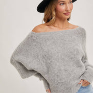 BOAT NECK DOLMAN SLEEVE RIBBED FUZZY KNIT SWEATER