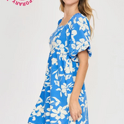 Floral Print Dress with Scalloped Edges (Blue)