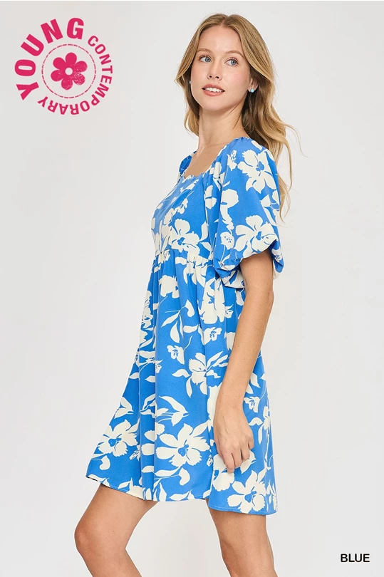 Floral Print Dress with Scalloped Edges (Blue)