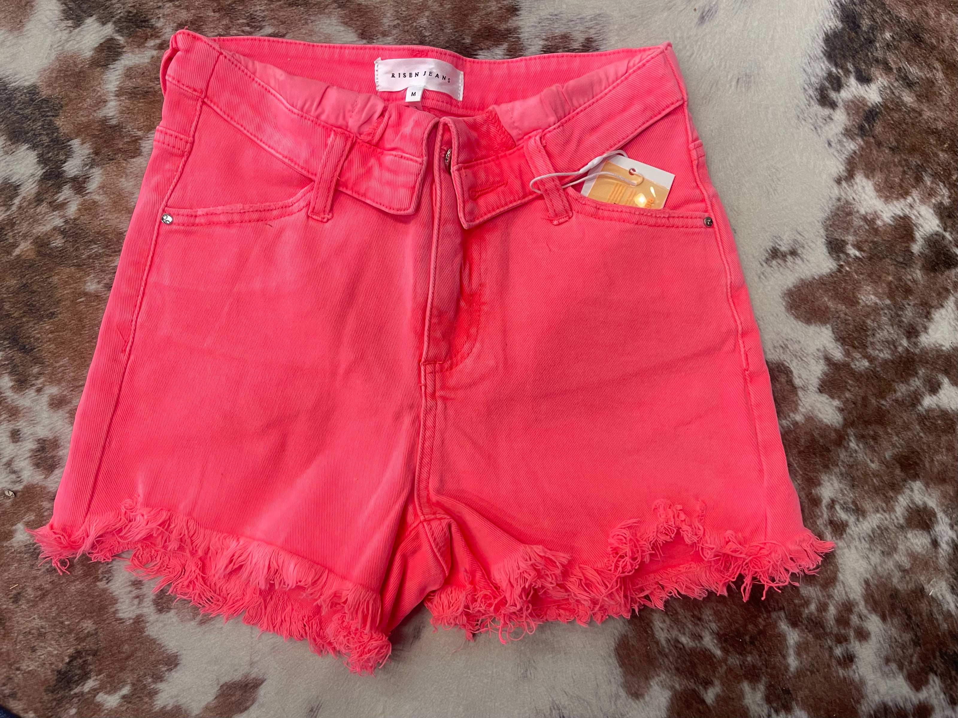 RISEN High Rise Fold Over Waist Denim Shorts (CORAL PINK)