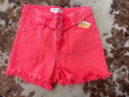 RISEN High Rise Fold Over Waist Denim Shorts (CORAL PINK)