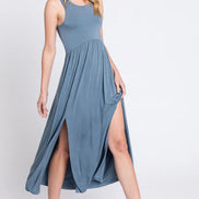 Sleeveless Midi Dress with Side Slit Detail