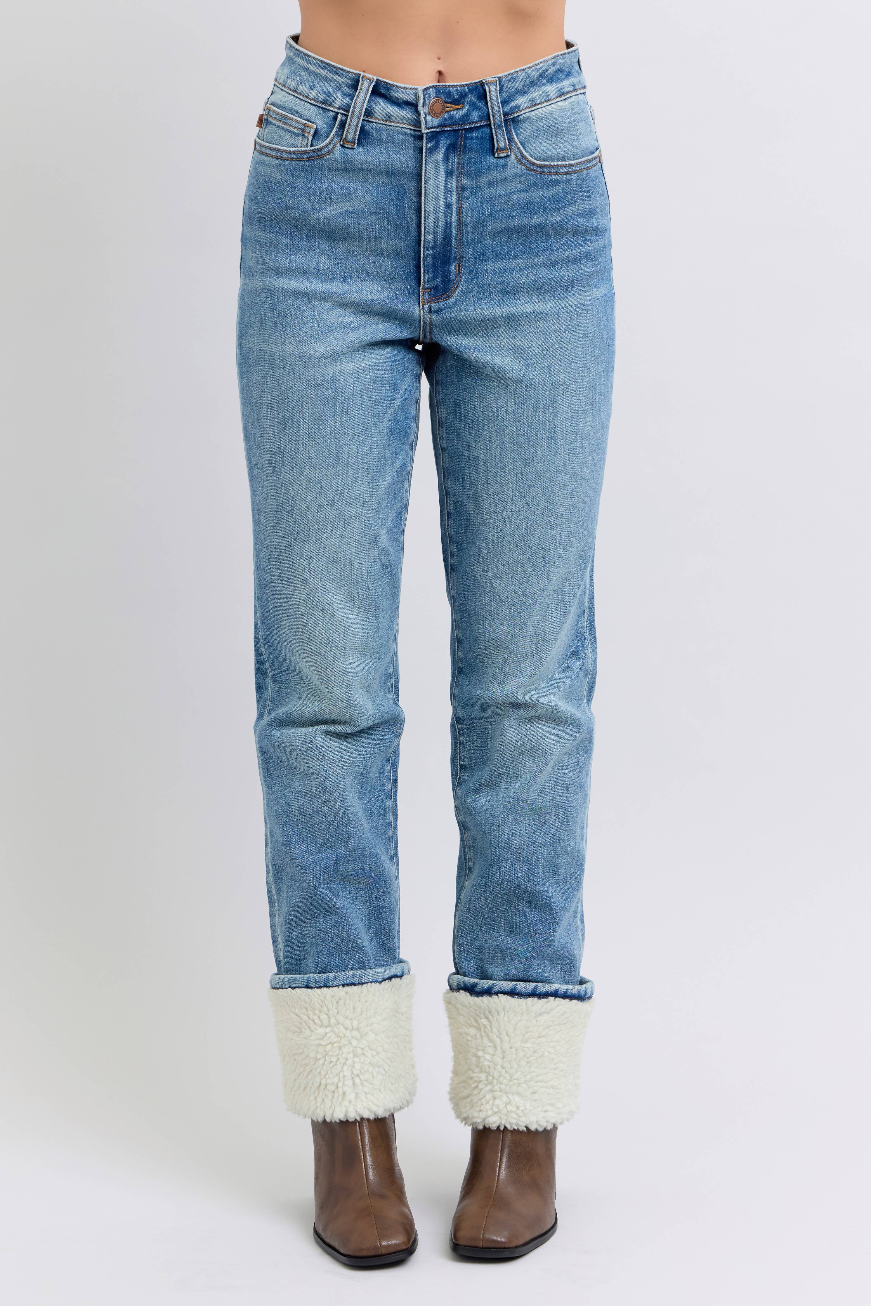 JUDY BLUE High Waisted Shearling Cuff Straight